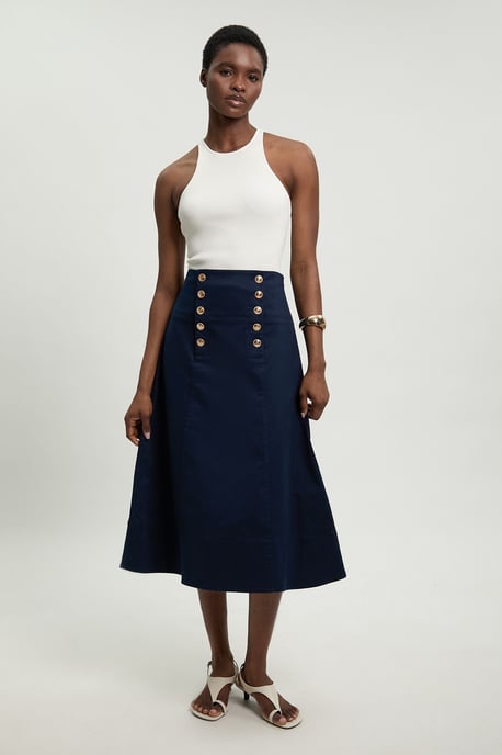 Cotton Tailored Button Detail Midi Skirt - Image 1