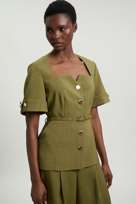 Viscose Belted Square Neck Short Sleeve Tailored Jacket - Image 1