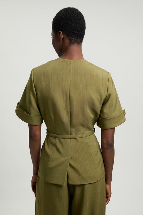 Viscose Belted Square Neck Short Sleeve Tailored Jacket - Image 3