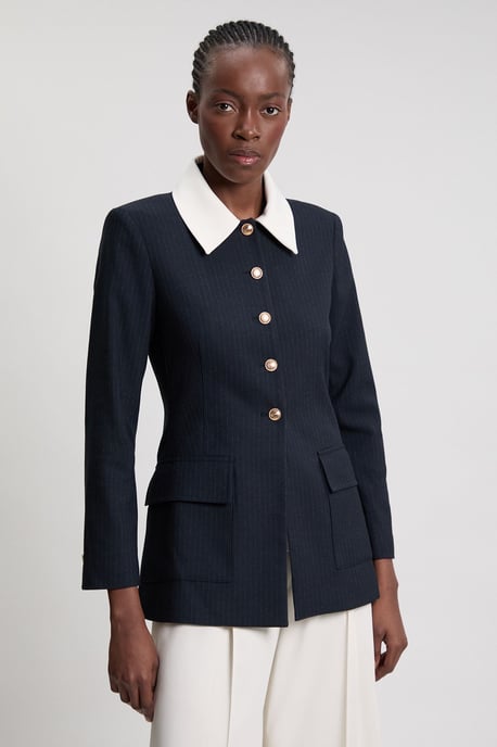 Pinstripe High Neck Tailored Single Breasted Jacket - Image 1