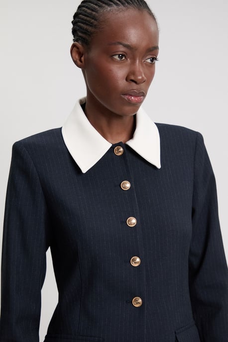 Pinstripe High Neck Tailored Single Breasted Jacket - Image 2