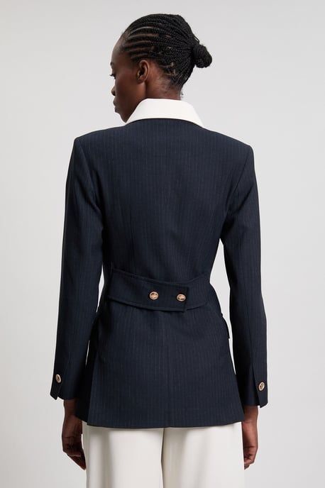 Pinstripe High Neck Tailored Single Breasted Jacket - Image 3