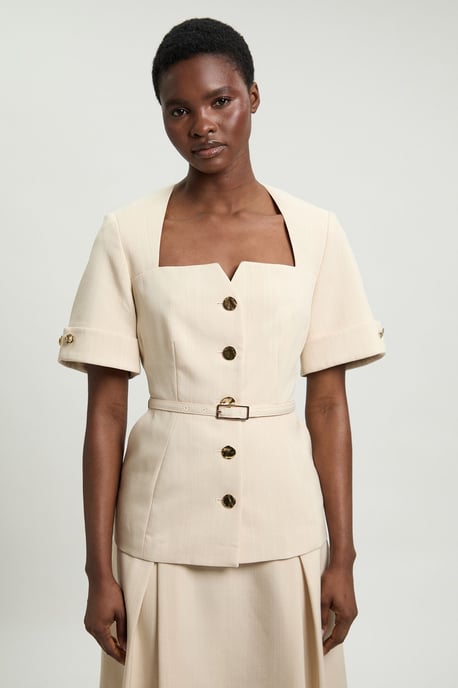 Viscose Belted Square Neck Short Sleeve Tailored Jacket - Image 1