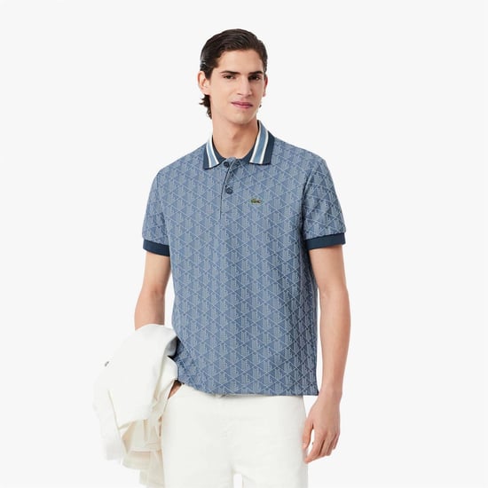 Men's Lacoste Fit Monogram Jacquard Polo Shirt in Blue - Image 3