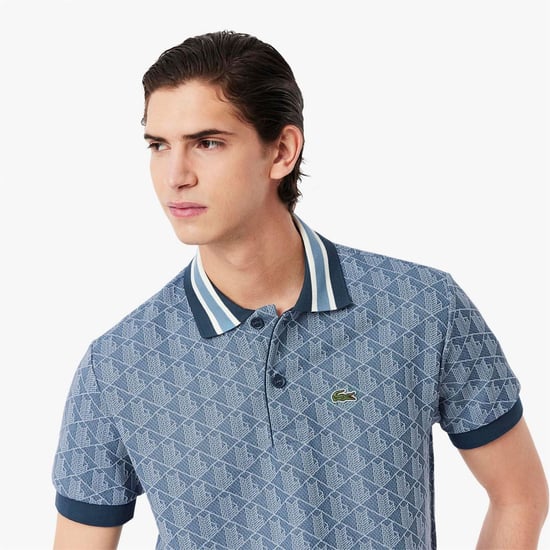 Men's Lacoste Fit Monogram Jacquard Polo Shirt in Blue - Image 5