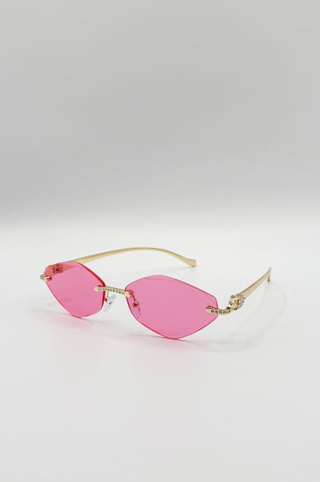 Rimless Oval Geo Metal Sunglasses in Pink - Image 3