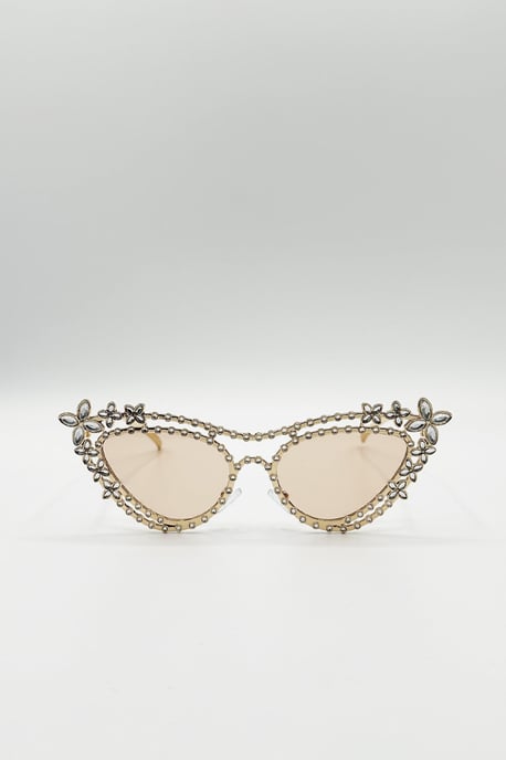 Diamante Cat Eye Sunglasses In Champagne - Image 2