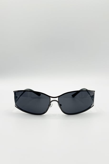Retangle Wrap Around Metal Sunglasses In Gun Metal - Image 2