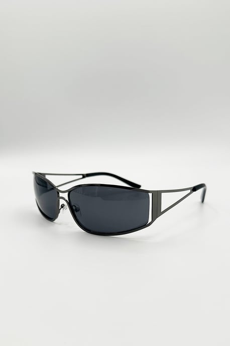 Retangle Wrap Around Metal Sunglasses In Gun Metal - Image 3