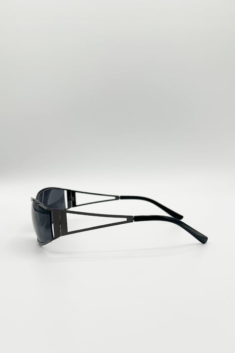 Retangle Wrap Around Metal Sunglasses In Gun Metal - Image 5