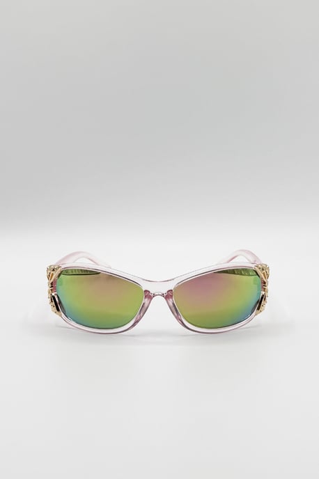 Vintage Wrap Around With Butterfly Detail Sunglasses in Pink Multi - Image 1