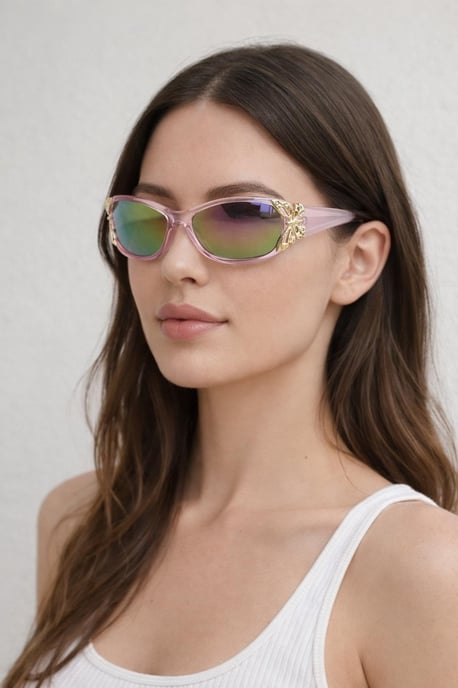Vintage Wrap Around With Butterfly Detail Sunglasses in Pink Multi - Image 2