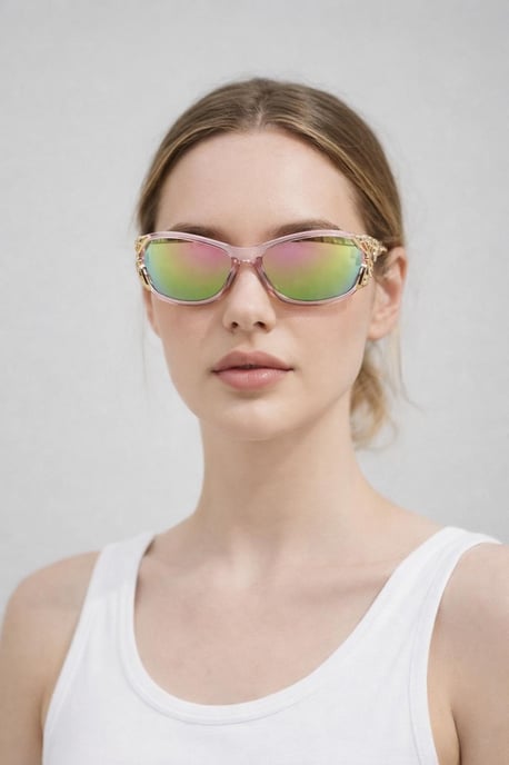 Vintage Wrap Around With Butterfly Detail Sunglasses in Pink Multi - Image 3