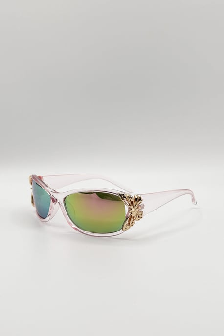 Vintage Wrap Around With Butterfly Detail Sunglasses in Pink Multi - Image 4
