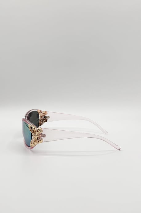 Vintage Wrap Around With Butterfly Detail Sunglasses in Pink Multi - Image 6