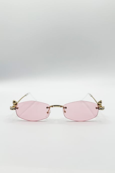 Rimless Oval Diamante Sunglasses In Pink - Image 2