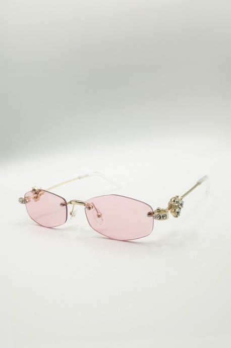 Rimless Oval Diamante Sunglasses In Pink - Image 3