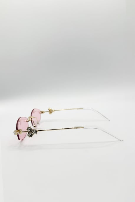 Rimless Oval Diamante Sunglasses In Pink - Image 4
