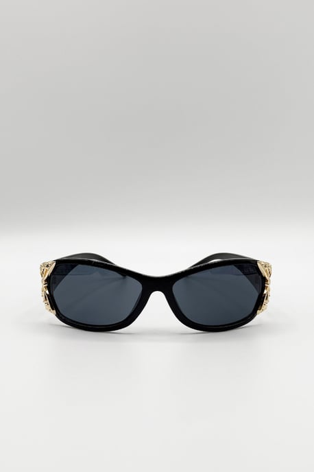 Vintage Wrap Around With Butterfly Detail Sunglasses In Black - Image 3