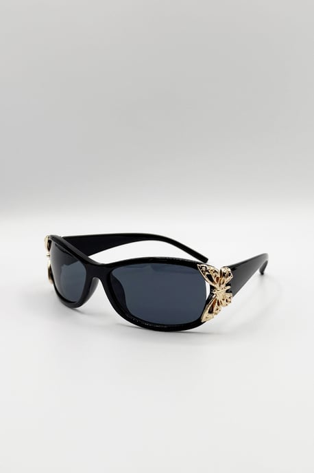 Vintage Wrap Around With Butterfly Detail Sunglasses In Black - Image 4