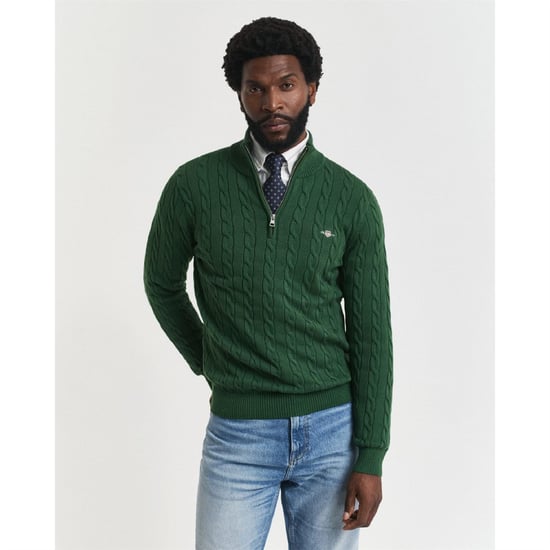 Men's Gant Cable Half Zip Fleece in Green - Image 2