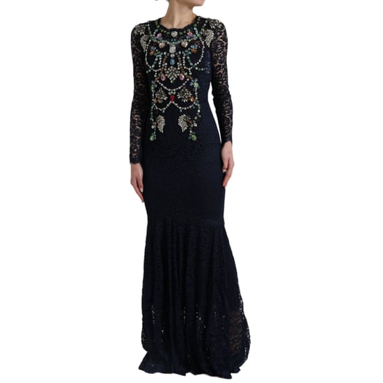 Dolce & Gabbana Blå Crystal Floral Spets Lång Klänning - Image 2