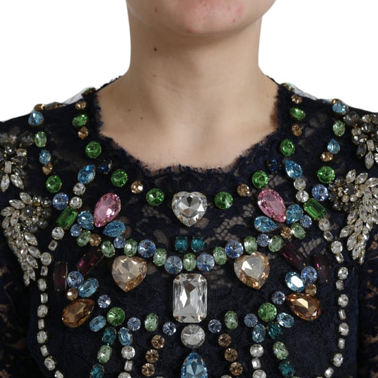 Dolce & Gabbana Blå Crystal Floral Spets Lång Klänning - Image 3