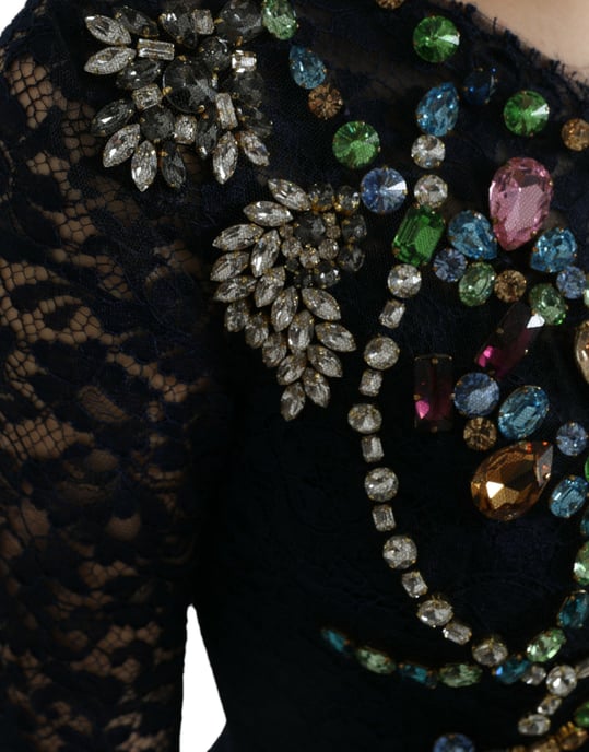 Dolce & Gabbana Blå Crystal Floral Spets Lång Klänning - Image 4