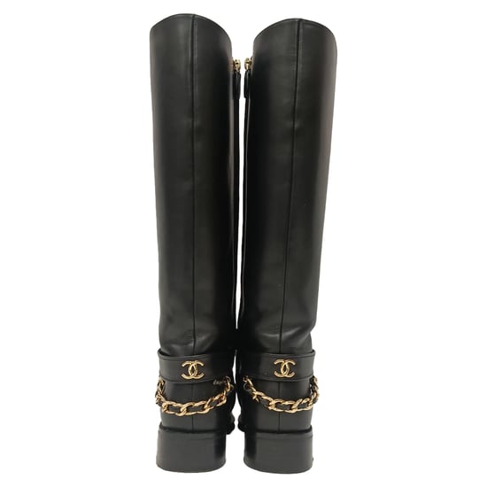 Chanel CC Chain Knee-High Riding Boots in Black Leather - Image 3