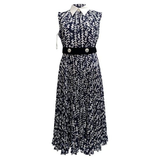 Prada Belted Geometric-Print Sleeveless Midi Dress in Navy Blue Polyester - Image 1