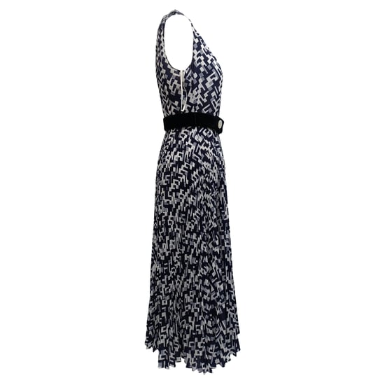 Prada Belted Geometric-Print Sleeveless Midi Dress in Navy Blue Polyester - Image 2