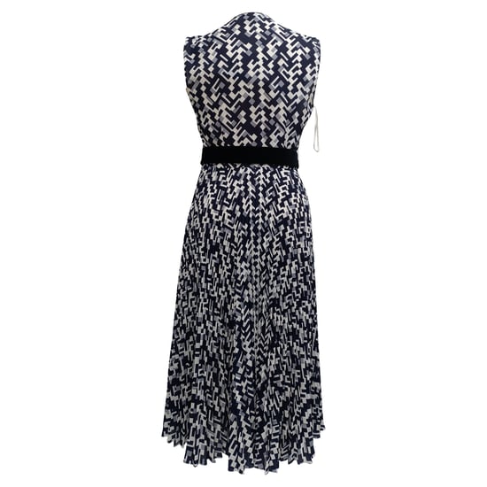 Prada Belted Geometric-Print Sleeveless Midi Dress in Navy Blue Polyester - Image 3