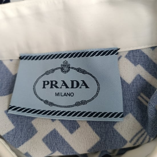 Prada Belted Geometric-Print Sleeveless Midi Dress in Navy Blue Polyester - Image 4