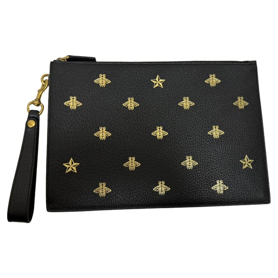 Gucci Dollar Boar Effect Bee Star Zip Wristlet Pouch in Black Calfskin Leather - Image 3