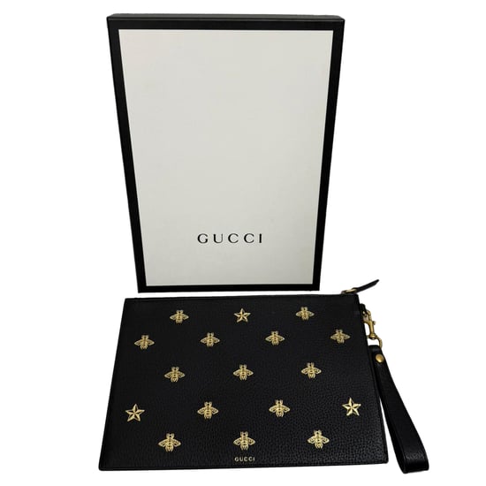 Gucci Dollar Boar Effect Bee Star Zip Wristlet Pouch in Black Calfskin Leather - Image 6