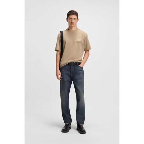 Men's Hugo Split Logo T Shirt in Beige - Image 4
