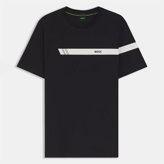 Men's Boss Fit T Shirt with Logo Stripe in Dark Blue - Image 1