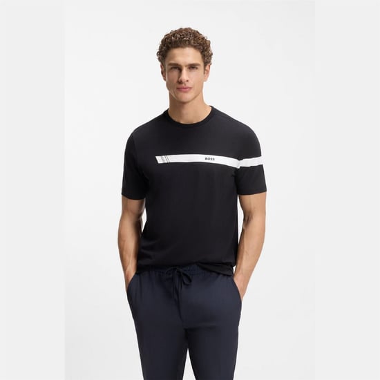 Men's Boss Fit T Shirt with Logo Stripe in Dark Blue - Image 2