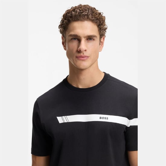 Men's Boss Fit T Shirt with Logo Stripe in Dark Blue - Image 3