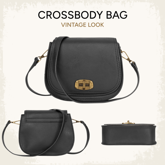 Women's Small Crossbody Bag, Vintage Look Faux Leather Shoulder Bag in Black - Image 4