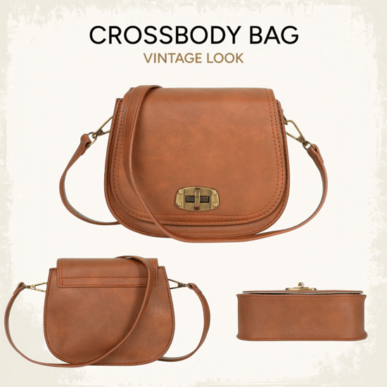 Women's Small Crossbody Bag, Vintage Look Faux Leather Shoulder Bag in Tan - Image 4