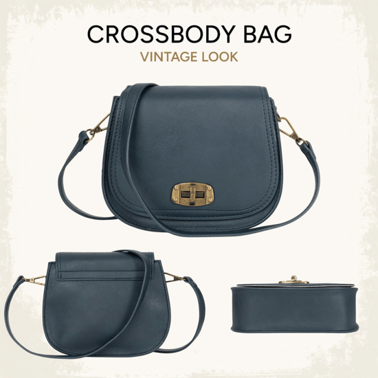 Women's Small Crossbody Bag, Vintage Look Faux Leather Shoulder Bag in Navy - Image 4