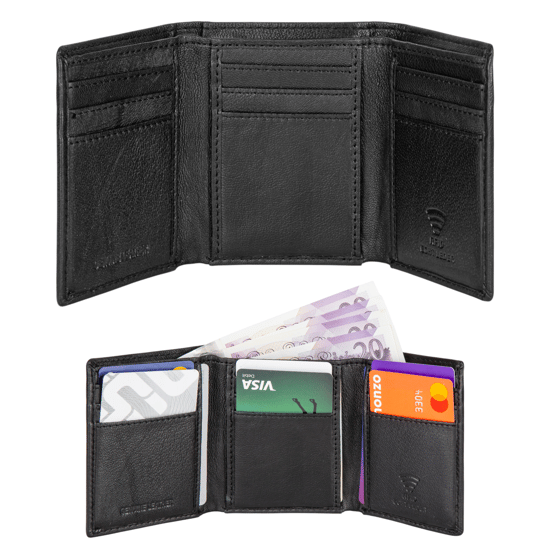 Men’s Genuine Leather RFID Wallet with 9 Card Slots, Black Trifold Design - Image 2