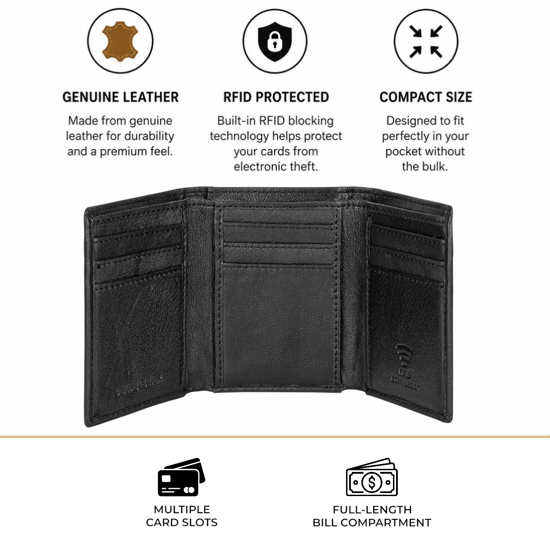 Men’s Genuine Leather RFID Wallet with 9 Card Slots, Black Trifold Design - Image 3