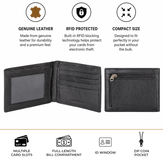 Men’s Genuine Leather RFID Wallet with 4 Card Slots, ID Window & Zipped Coin Pocket - Image 3