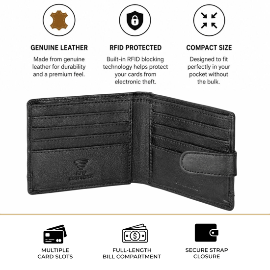 Men’s Genuine Leather RFID Slim Bifold Wallet with 8 Card Slots, Black - Image 3