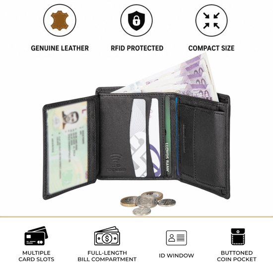Men’s Genuine Leather RFID Wallet with 6 Card Slots, ID Window & Button Coin Pocket - Image 3