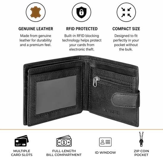 Men’s Genuine Leather RFID Wallet with 5 Card Slots, 2 ID Windows & Zipped Coin Pocket - Image 4