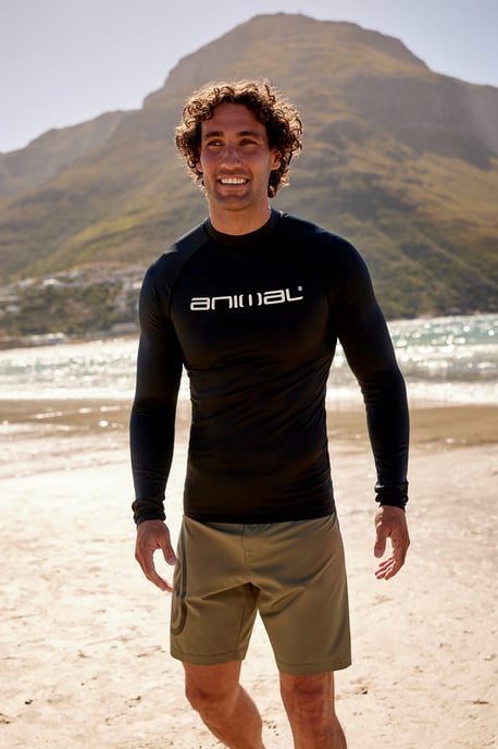 'Sonny' Men's Logo Rash Vest with Raglan Sleeves Sun Protection Quick Dry Swimwear Black - Image 1
