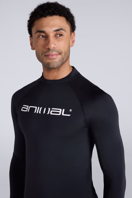 'Sonny' Men's Logo Rash Vest with Raglan Sleeves Sun Protection Quick Dry Swimwear Black - Image 4